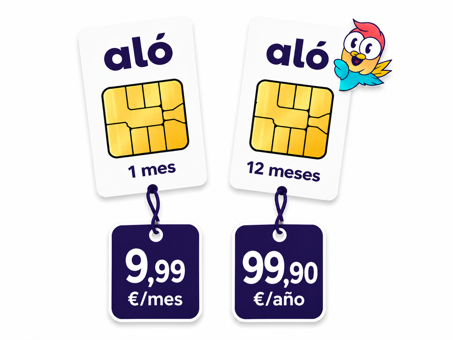 aló: 1 mes 9,99 € - 12 meses: 99,90 €