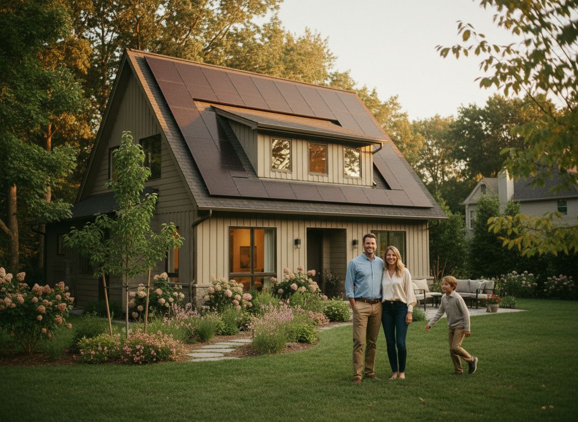 A modern house with solar panels installed on a pitched roof, surrounded by a green garden.
