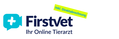 FirstVet Logo mit blauem Symbol (weißer Tierarztkreuz im Chat-Icon) und Schriftzug ‚FirstVet – Ihr Online Tierarzt‘. Darüber ein gelbes Label ‚inkl. Direktabrechnung‘. Darstellung des digitalen Tierarztservices FirstVet als Partner für Hundekrankenversicherung, Telemedizin und Online-Tierarztberatung in Deutschland, u. a. mit Dogprotect24 (Testsieger Stiftung Warentest).