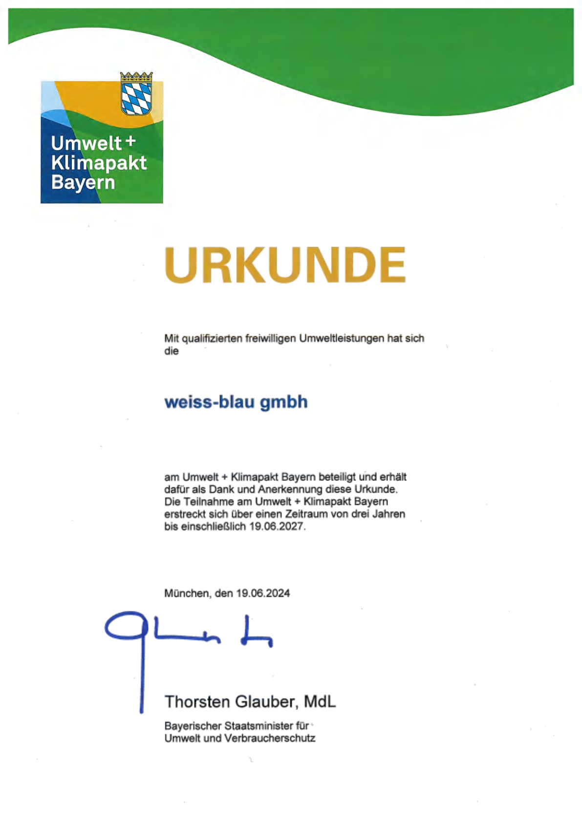 Umwelt- und Klimapakt Bayern Urkunde der weiss-blau-gmbh.