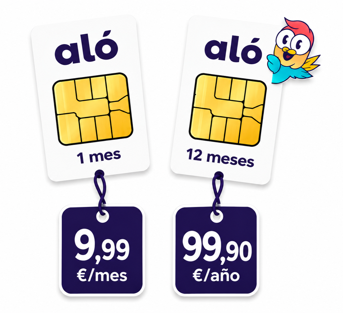 aló: 1 mes 9,99 € - 12 meses: 99,90 €