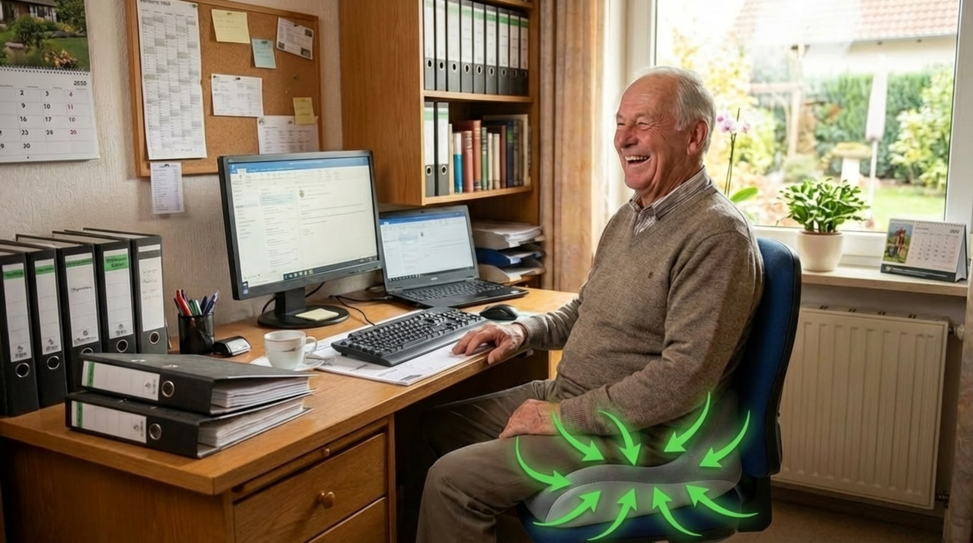 Ein Herr sitz auf seinem ergonomischen Sitzkissen auf seiner Couch und sieht fern