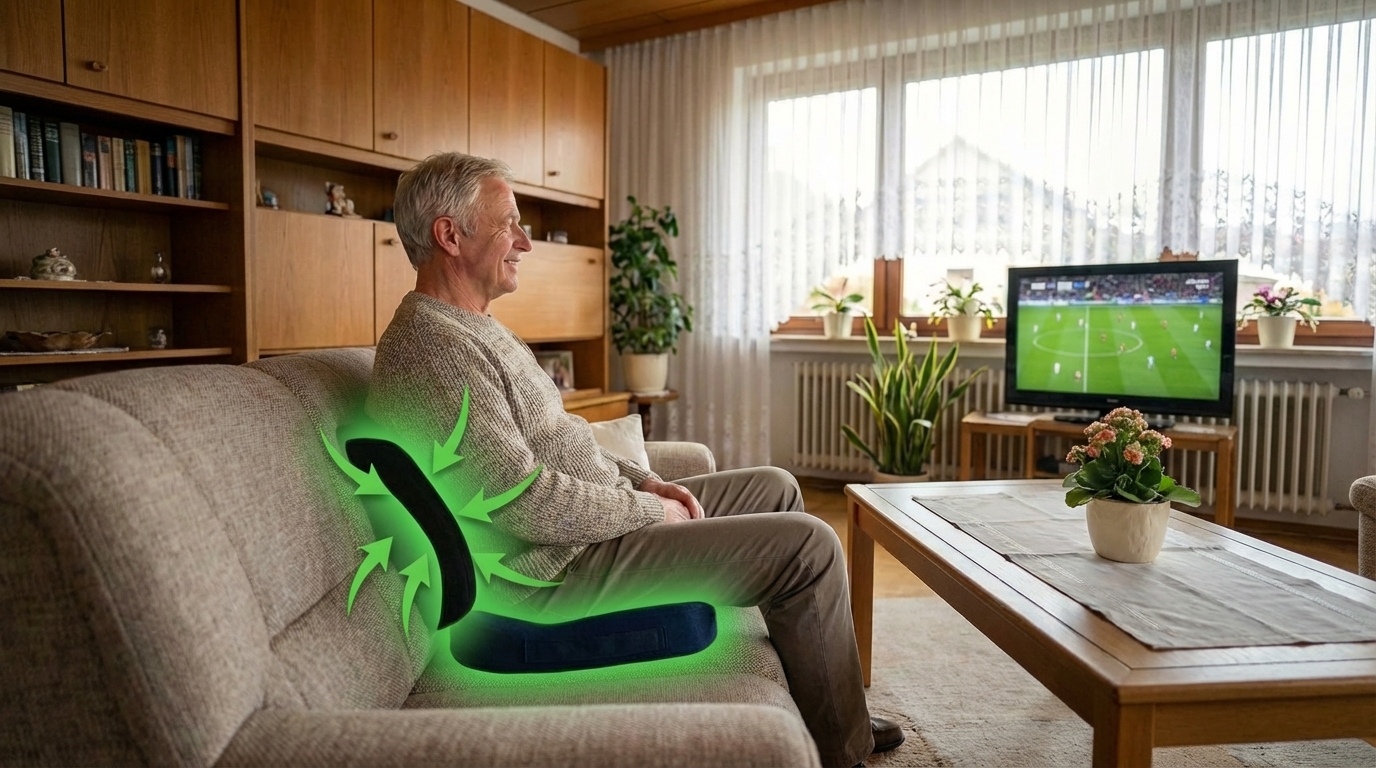 Ein Herr sitz auf seinem ergonomischen Sitzkissen auf seiner Couch und sieht fern