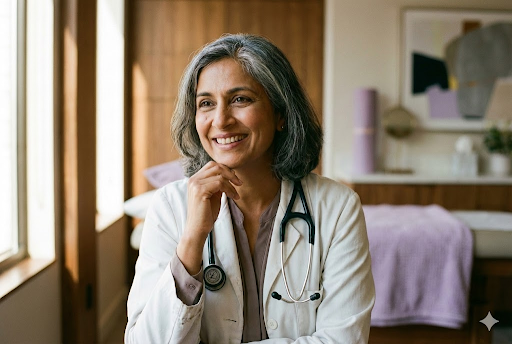 A warm, empathetic female doctor listening intently.